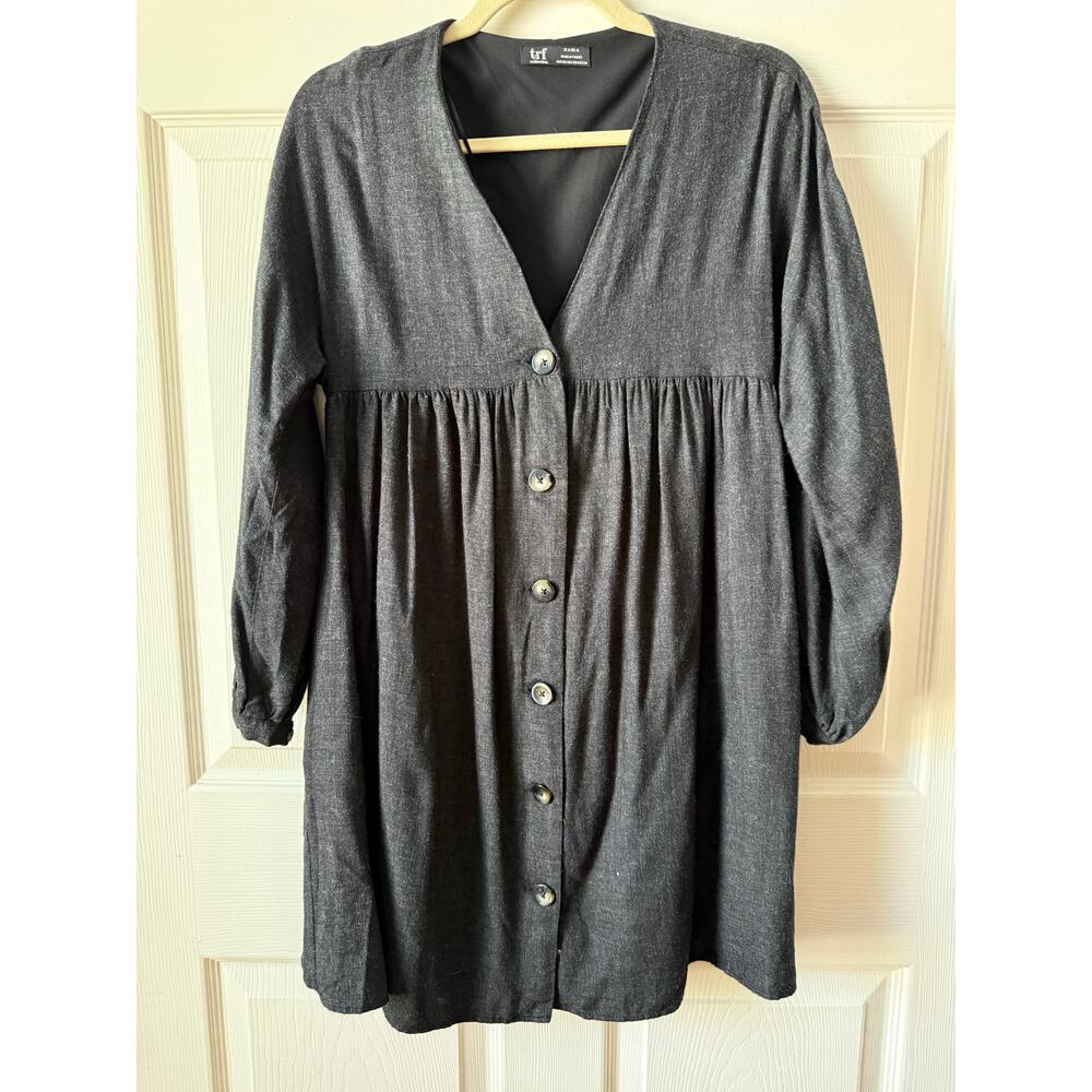 Zara TRF Charcoal Button Front V Neck Tunic Dress XS Babydoll Lagenlook